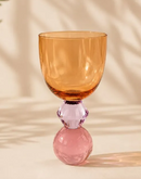 CJ 6 TACAS EM VIDRO AMBAR COM BASE DIAMANTADA ROSA E ESFERA ROXA EM CRISTAL