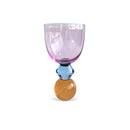 CJ 6 TACAS EM VIDRO ROSA COM BASE DIAMANTADA AZUL E ESFERA AMBAR EM CRISTAL