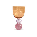 CJ 6 TACAS EM VIDRO AMBAR COM BASE DIAMANTADA ROSA E ESFERA ROXA EM CRISTAL